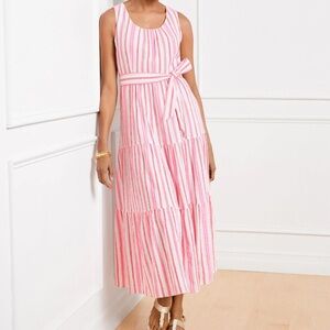 TALBOTS Sleeveless Scoop Neck Tiered Gauze Maxi Dress in Pink Breezy Stripe 16P